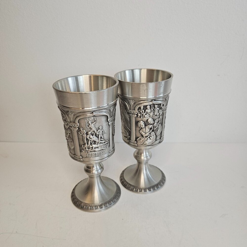 Tumasek Malaysia scenes vintage pewter goblets, set of 2